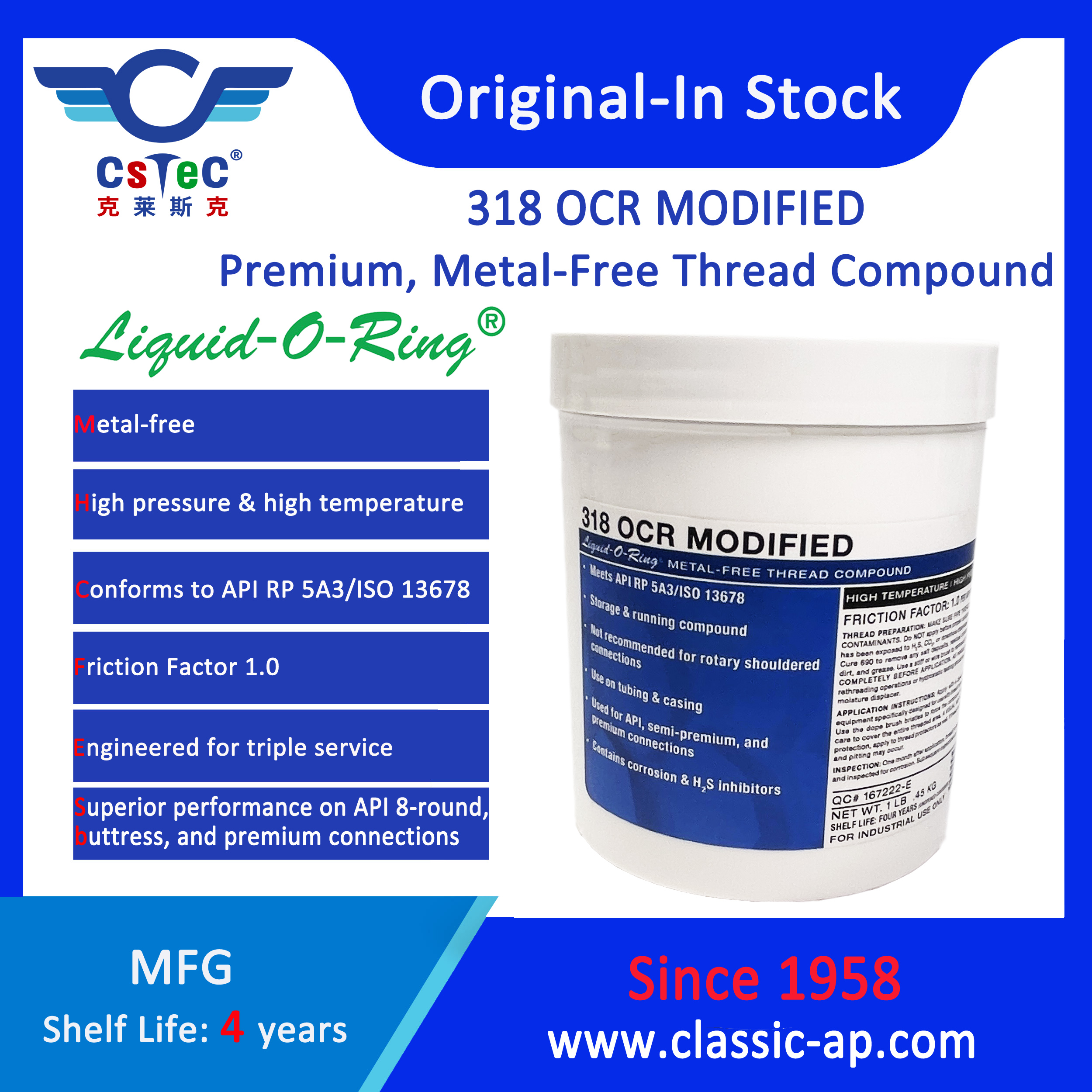 Liquid-O-Ring 318 OCR Modified Premium, Metal-Free Thread Compound